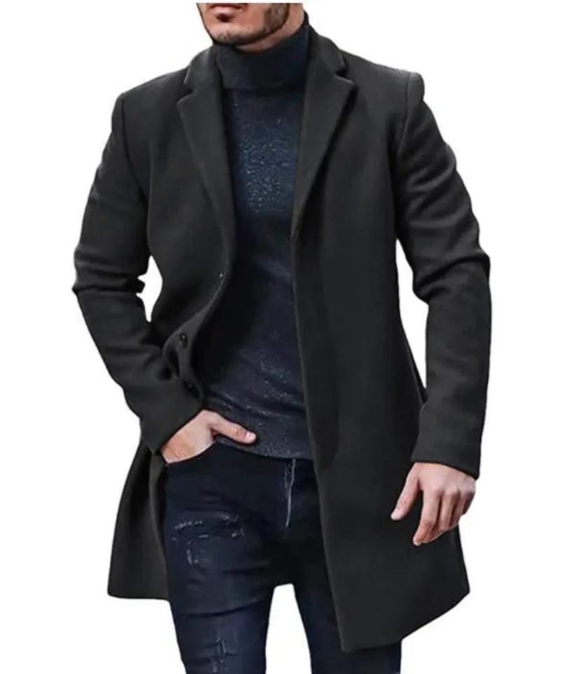 New Autumn Winter Men's Long-sleeve Lapel Single-breasted Jacket Woolen Solid Button Coats Casual Loose Men Simple Jackets