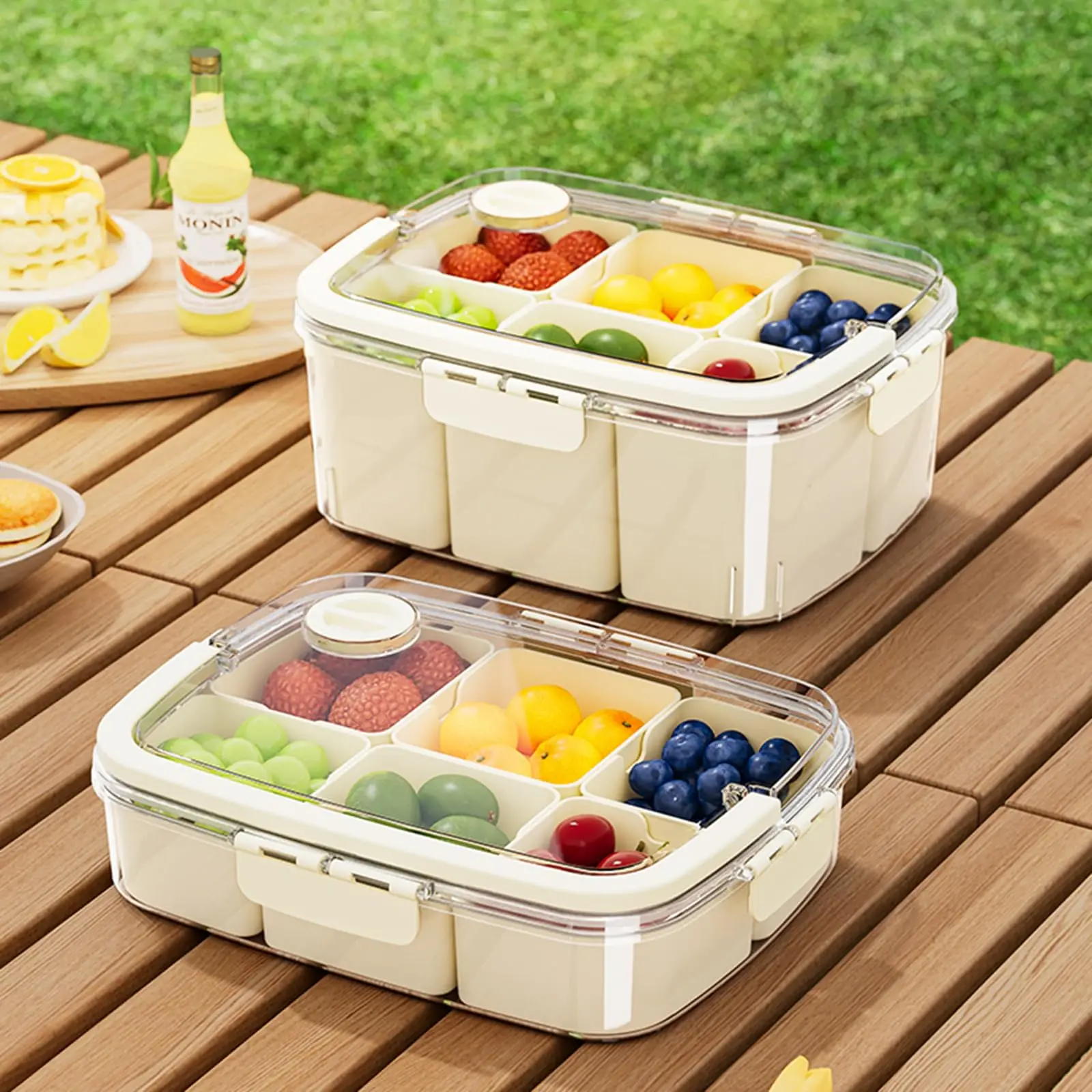 Divided Serving Tray with Lid and Handle, 6 Compartments Snackle Box Container, Airtight Berry Containers for Fridge