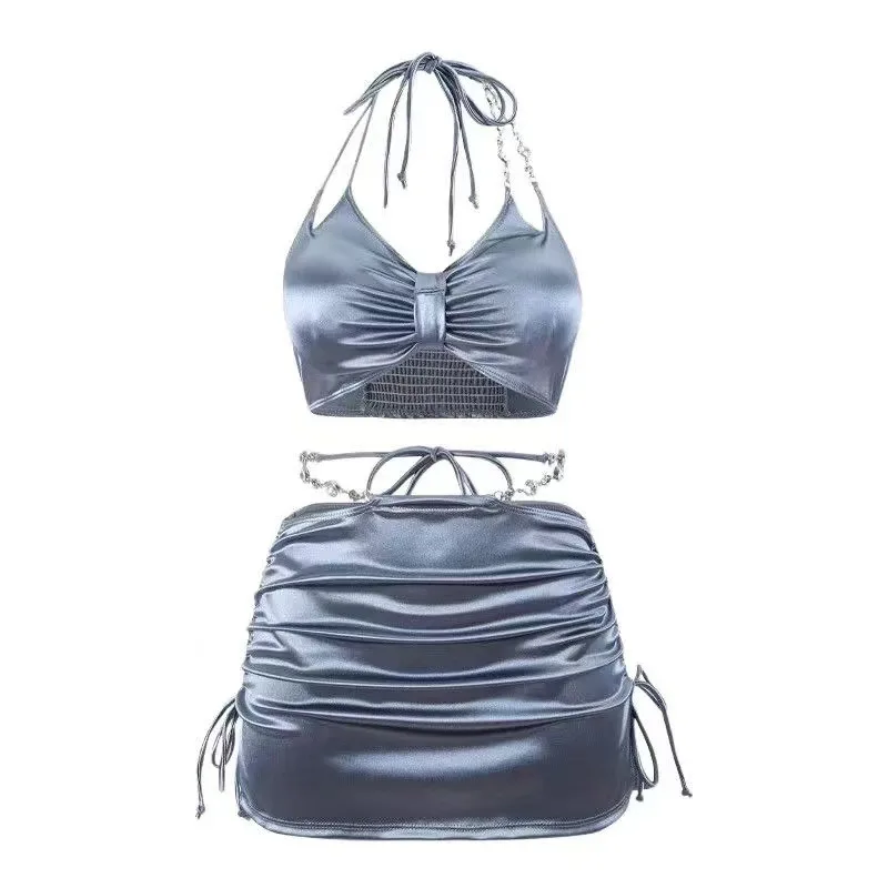 Costume da bagno da donna argento di fascia alta sexy diviso in tre pezzi primavera calda vacanza moda bikini ragazze costumi da bagno donna balneazione