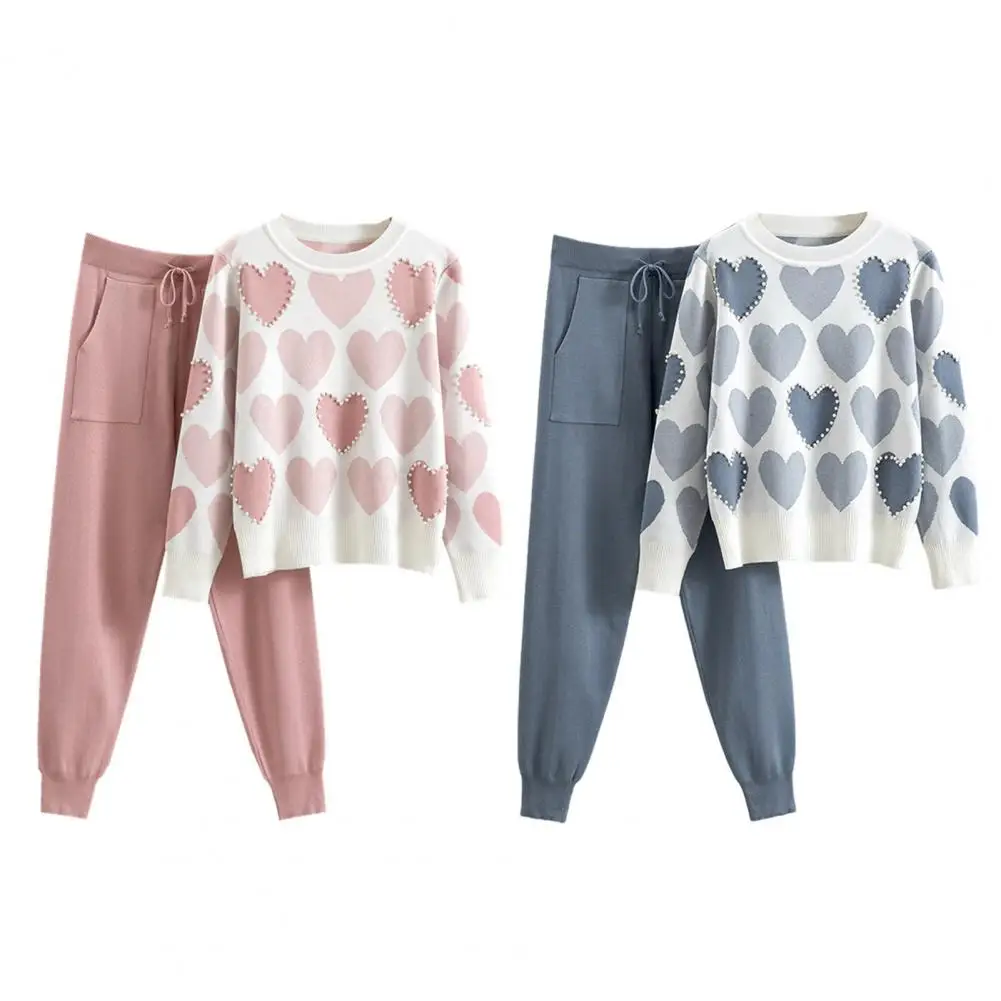 Nuevo suéter de dos piezas para mujer, ropa deportiva para otoño e invierno, jersey con cuello redondo y pantalones bombachos de punto, conjunto de chándal femenino