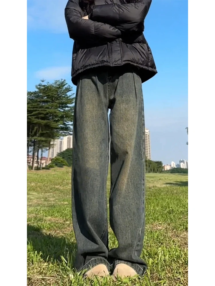 

American High Street Men's Spring Autumn Wide Leg Jeans Loose Straight Cut Denim Pants Retro Blue Casual Comfortable Trousers