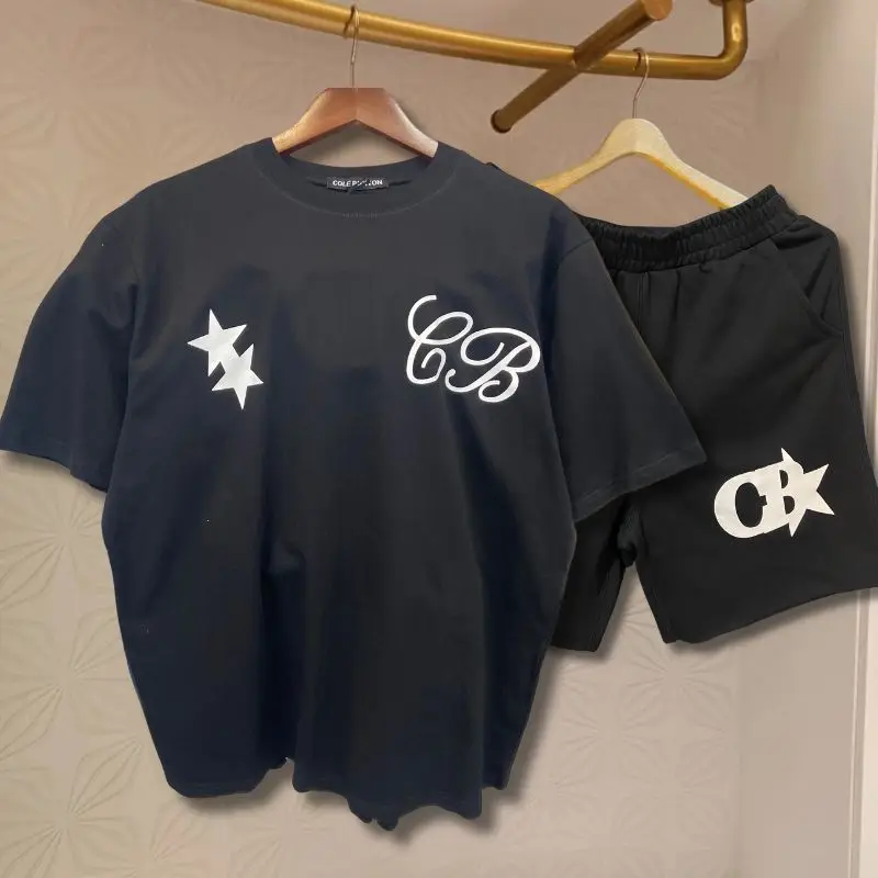 

Летний дышащий хлопковый топ со звездным принтом, фирменный логотип CB, футболки, повседневный комплект с круглым вырезом и короткими рукавами, мужские и женские повседневные шорты