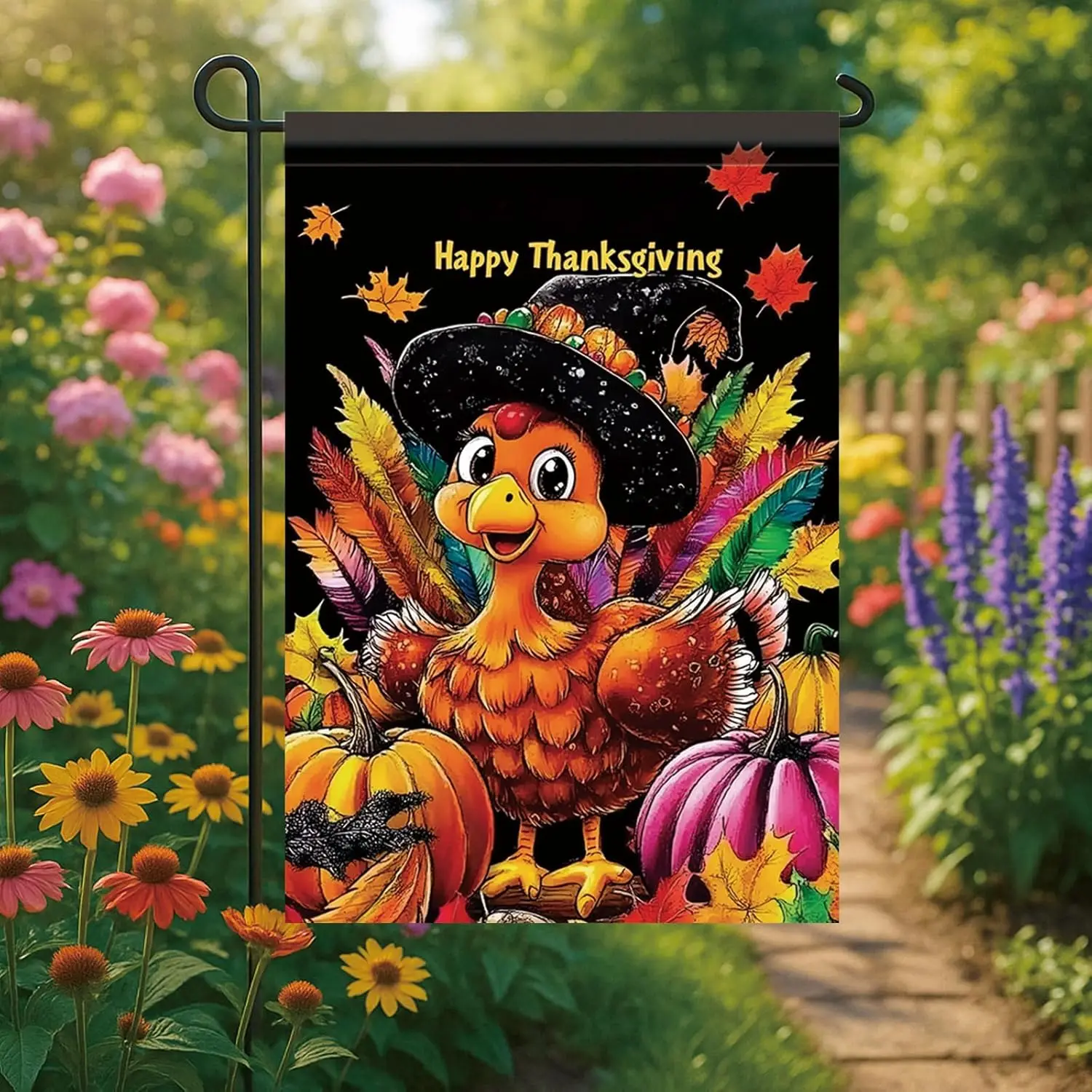 Thanksgiving Garden Flag 12x18 Inch Turkey with Witch Hat and Pumpkins and Happy Thanksgiving Message Outdoor Yard Porch Law EEZ