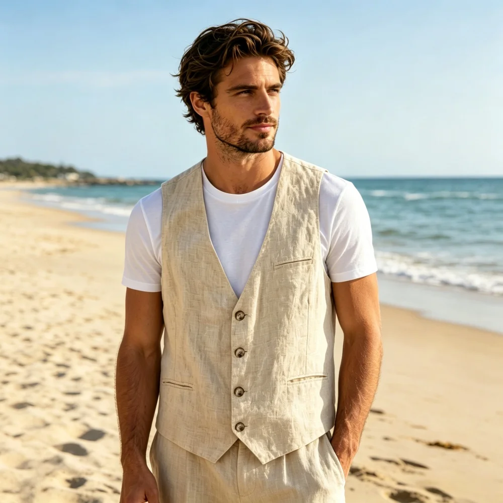 Men's Vest V Neck Summer Casual Men's Slim Fit Waistcoat Vest Regular Fit  For Beach