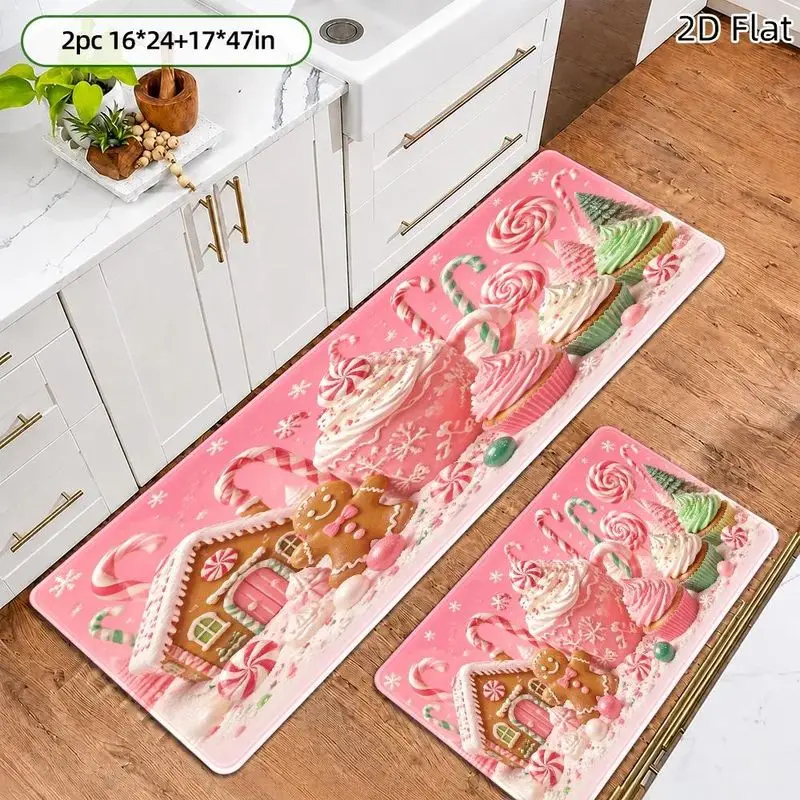 VIKAM Pink Christmas Kitchen Rug, Cake, Candy Cane, and Gingerbread Non-Slip Winter Holiday Decorative Mat, Home Decor