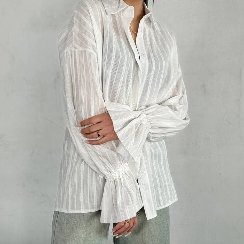 Elegant Women's White Shirt Streetwear Summer and Fall 2025 Fashion Lapel Long Sleeve Pleated Blouse Casual Single Breasted Tops
