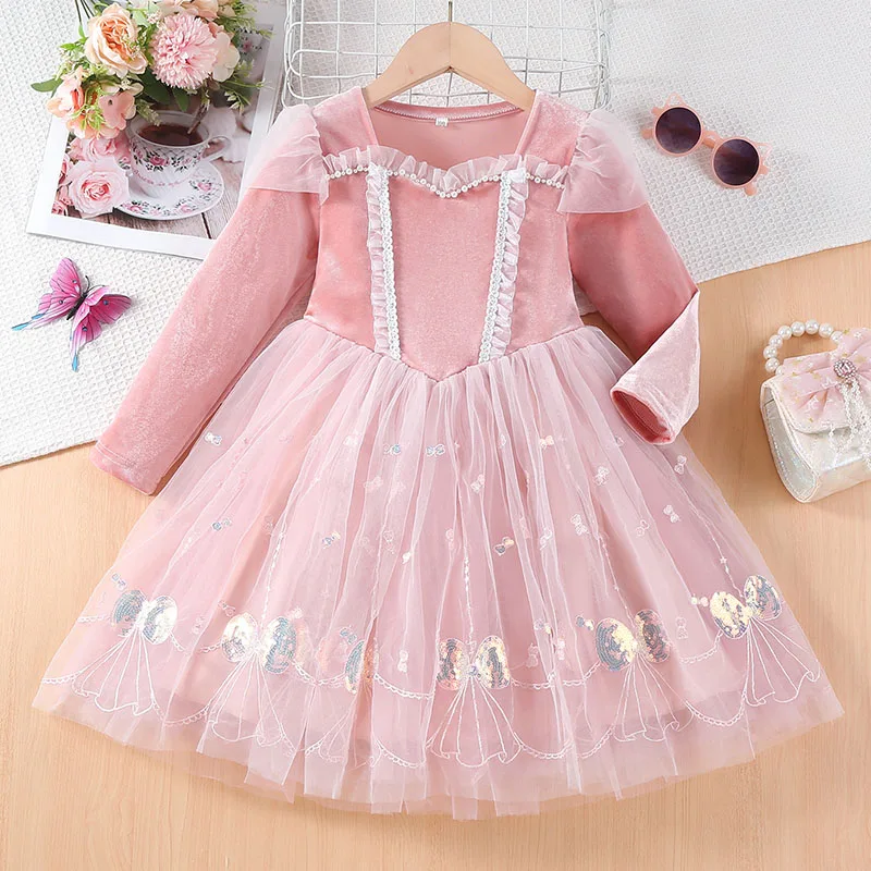 

2025 Autumn Christmas Kids Girls Dress Long Sleeve Gauze Dress Sequins Bow Perfect For Birthday Party Weddings Children Clothes