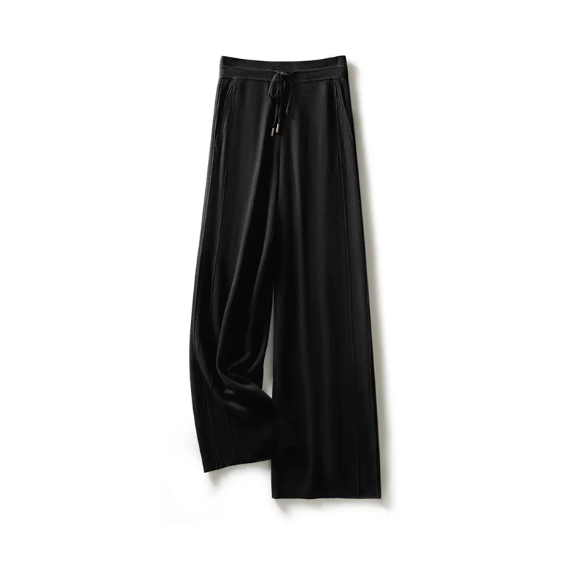 High waist slim solid color 100% pure wool knitted wide-leg pants new straight knitted trousers in autumn and winter.