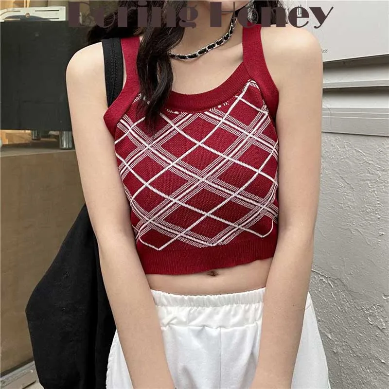 Boring Honey Summer Clothes For Women Base Shirt Retro Sling Vest Knitted Shirt Crop Top Women Contrast Color All-Match Tops