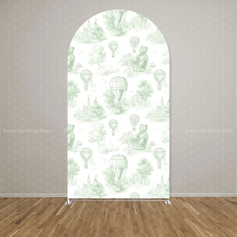 Housse d'arche personnalisée double face vert sauge motif ours et montgolfière pour décor de fête d'anniversaire d'enfants et de baby shower