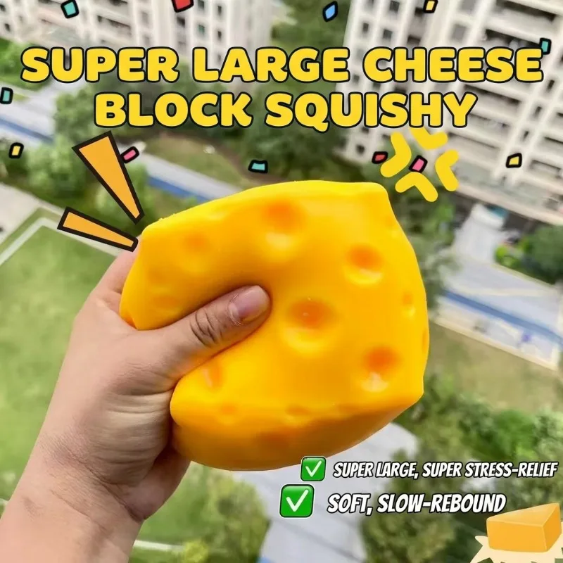 1Pc Extra‑Large Cheese Fidget Toy, Giant Slow Rising Soft Squishy Cheese Squeeze Ball, Kids Party Gift Desktop Ornament, Office