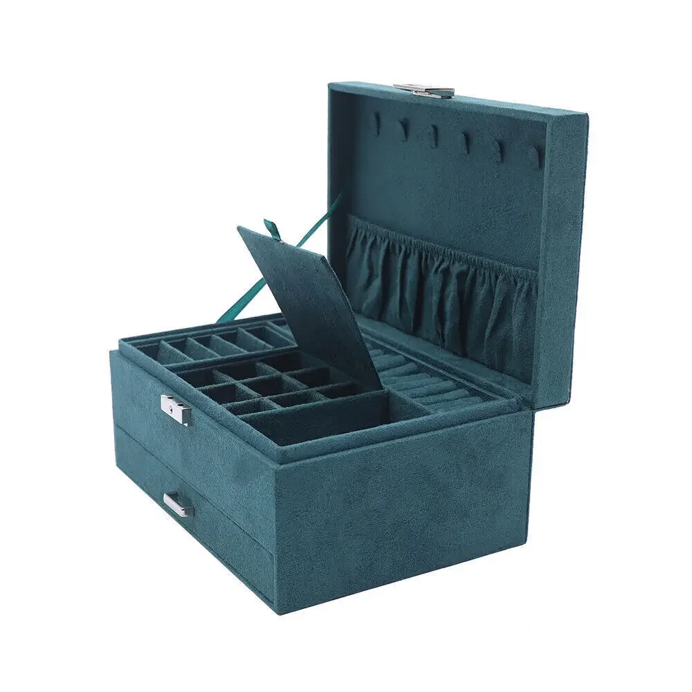 3 레이어 벨벳 쥬얼리 주최자 상자 보관 케이스 목걸이 걸이 반지, 귀걸이, 목걸이를위한 이동식 구획