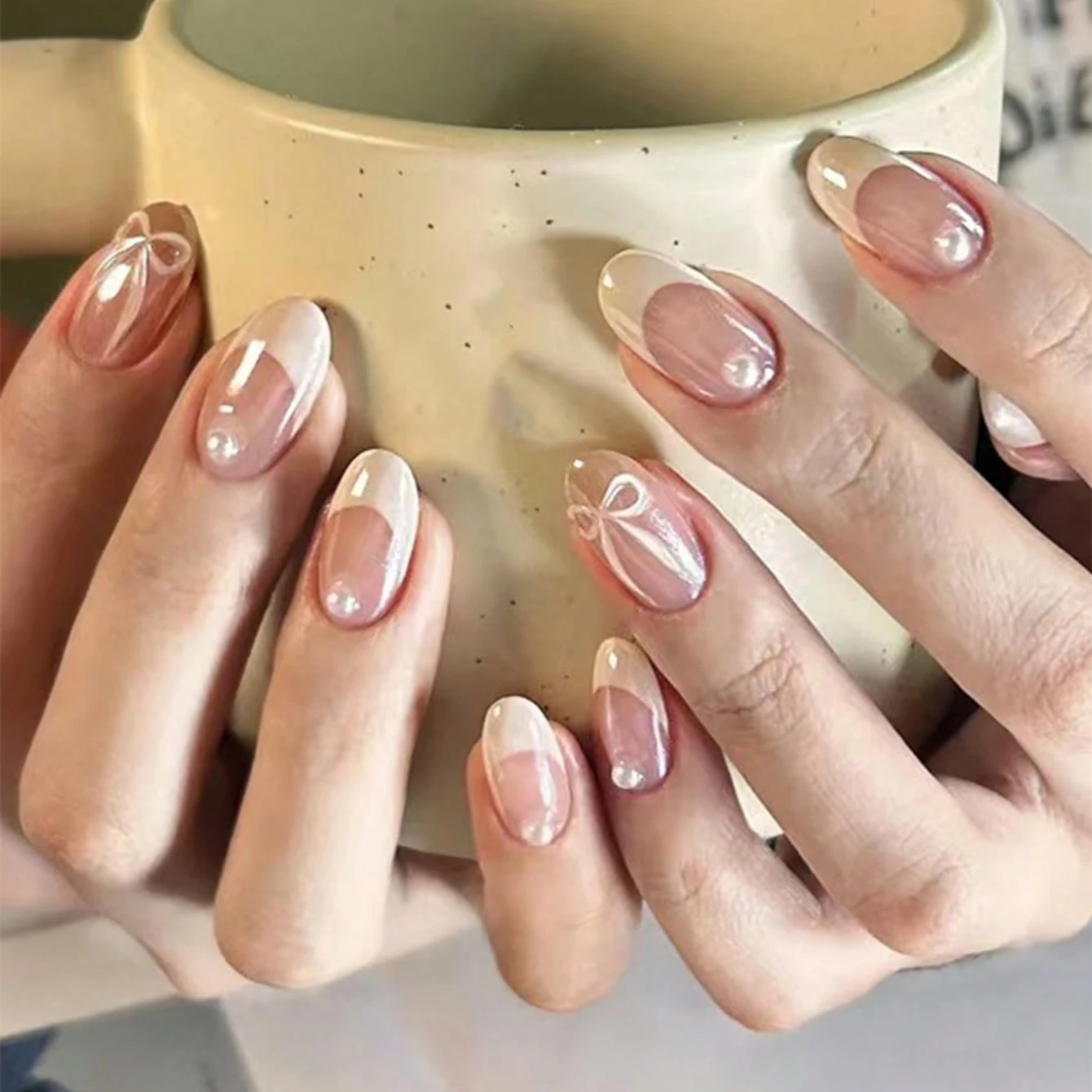 10pcs Aurora Nude Pink Pearl French dress nail Elegant ballet style sweet girl bow nail short