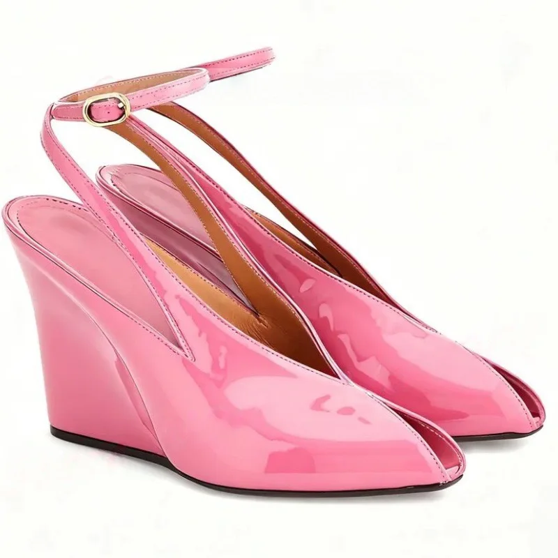 

Summer New Women's Wedge Patent Leather Sandals Peep Toe Ankle Buckle Wrap Modern Simple Plus Size Sandals