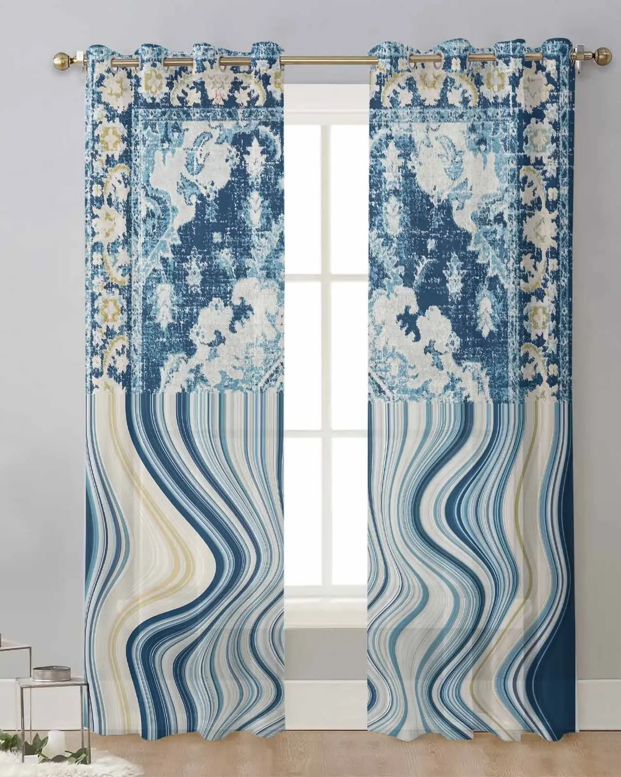 

Blue Vintage Carpet With Twisted Stripes And Bohemian Curves Curtains for Living Room Curtain Home Interior Curtains Kitchen