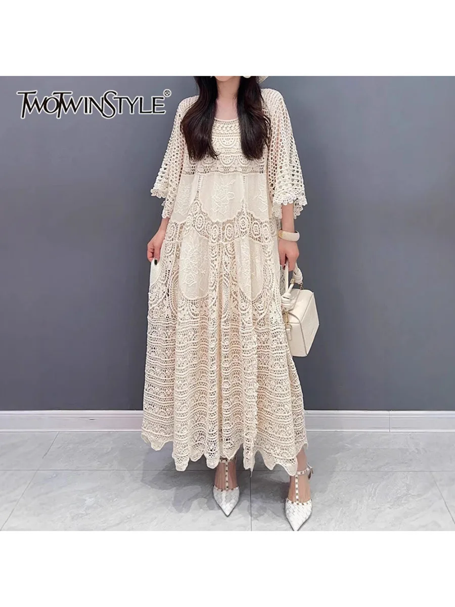 

TWOTWINSTYLE Solid Hollow Out Loose Dresses For Women O Neck Short Sleeve High Waist Temperamnet Long Dress Female Fashon New