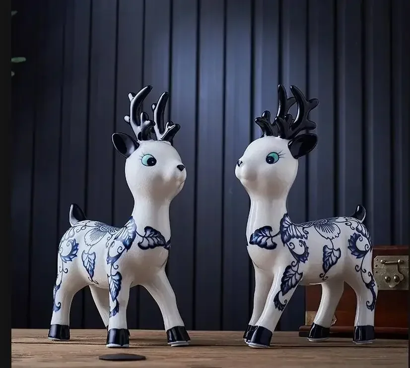 Adorno de cerámica de ciervo azul y blanco, decoraciones para mueble de Tv, artesanía, estatuilla, chucherías, figuritas, accesorios para el hogar