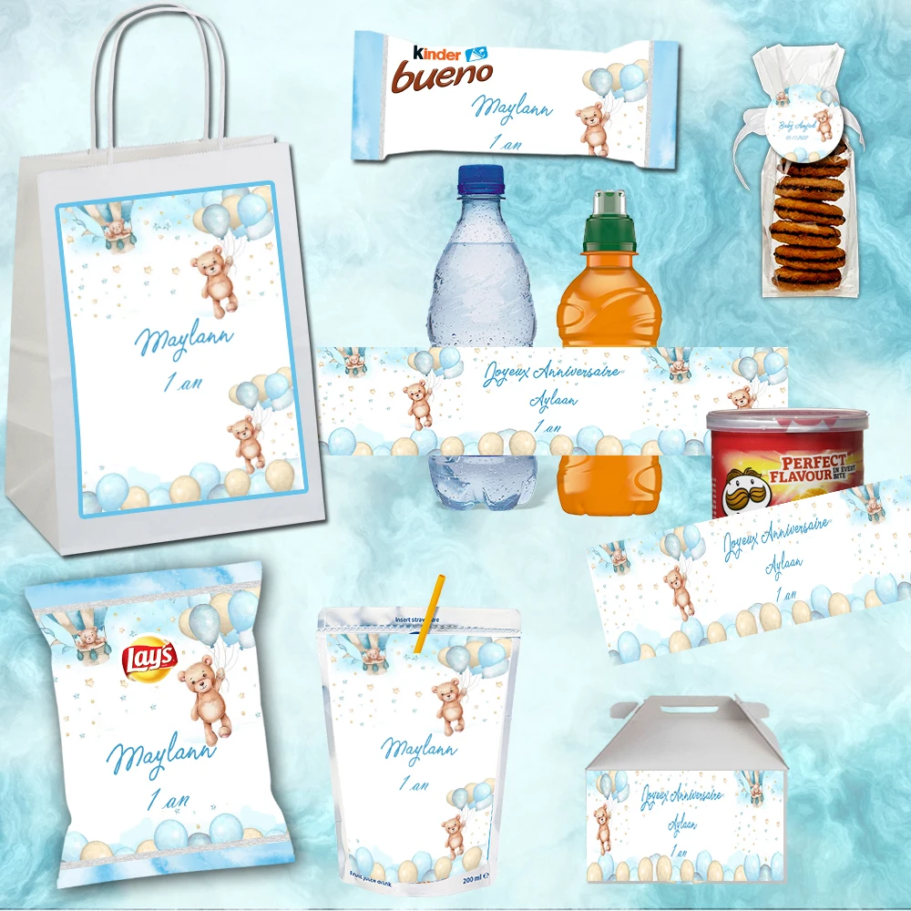 Oso de peluche personalizado, globo de aire para niños, cubierta de fichas para Baby Shower, etiquetas, envoltura de barra de Chocolate, bolsa de regalos para fiesta de bautismo infantil