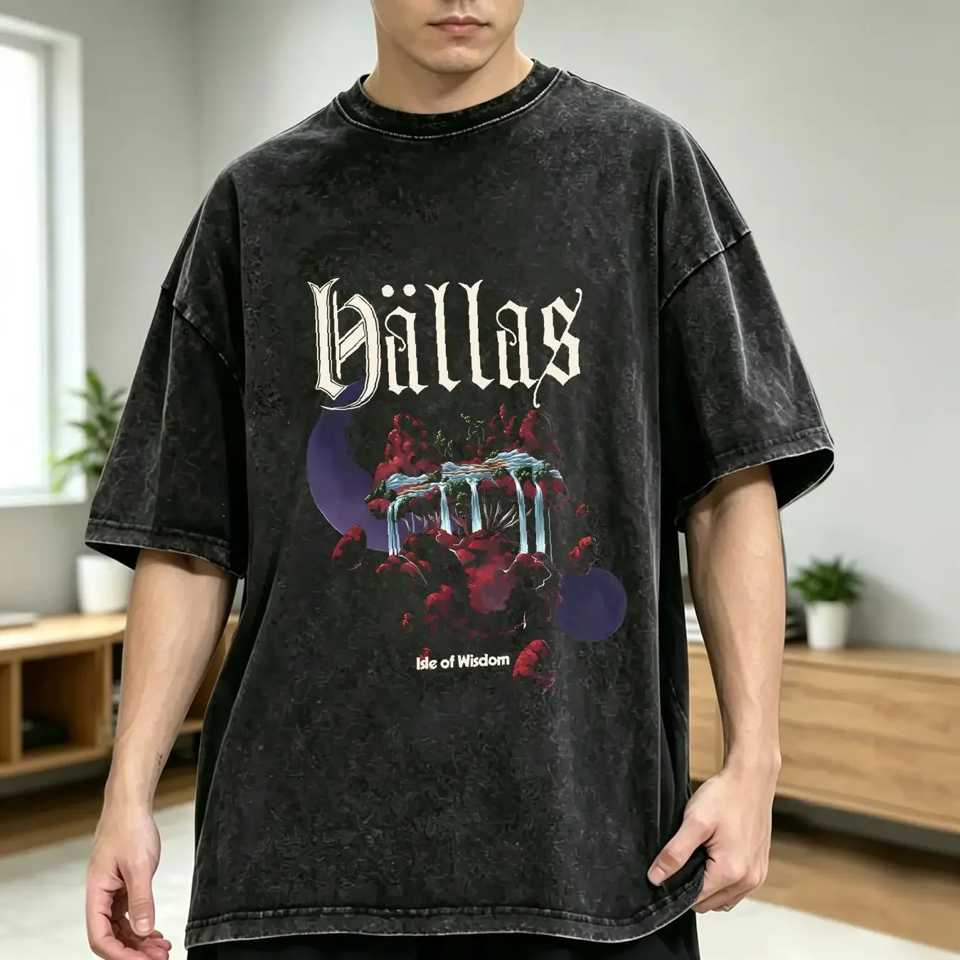 washed T Shirt NEW Hallas Isle of Wisdom  Black All Size AG1592 long or sleeves vintage Washed Stylish Stretched Soft Slightly