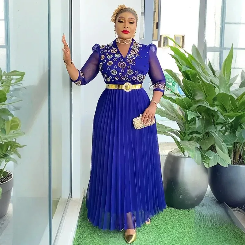 

Элегантное вечернее женское вечернее платье с v-образным вырезом, прозрачная сетка, рукав три четверти, пояс со стразами, плиссированный африканский банкетный выпускной вечер