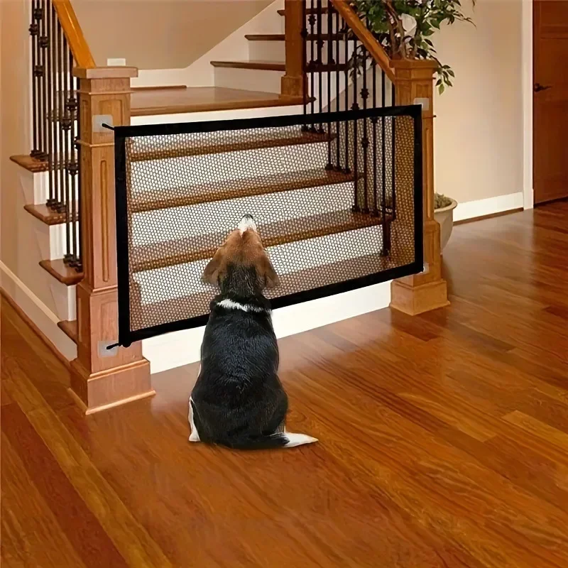 Valla de barrera para perros de alta resistencia con ganchos, red aislada, puerta de espejo de malla transpirable plegable, puerta de seguridad para mascotas para interiores y exteriores