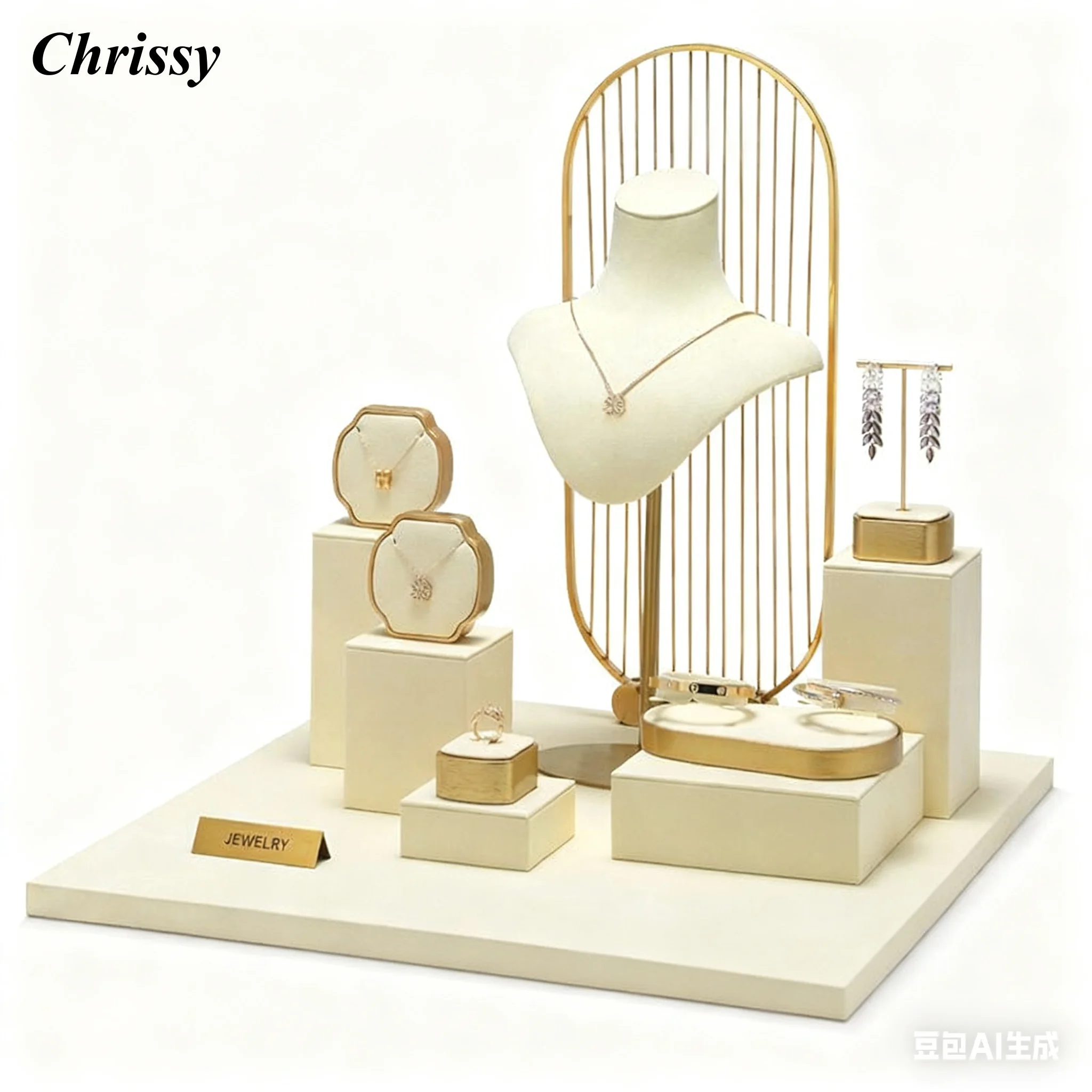 

Luxury Beige Microfiber Jewelry Display Stand for Necklace Earrings Ring Bracelet, Gold Metal Trim for Shop Counter Window