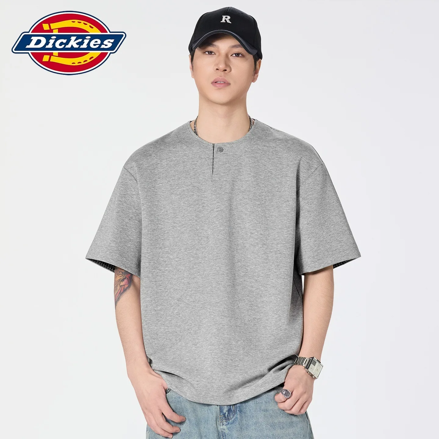 Dickies Summer New Short Sleeve T-Shirt for Men, Japanese Retro Solid Button-Up Undershirt Casual Top