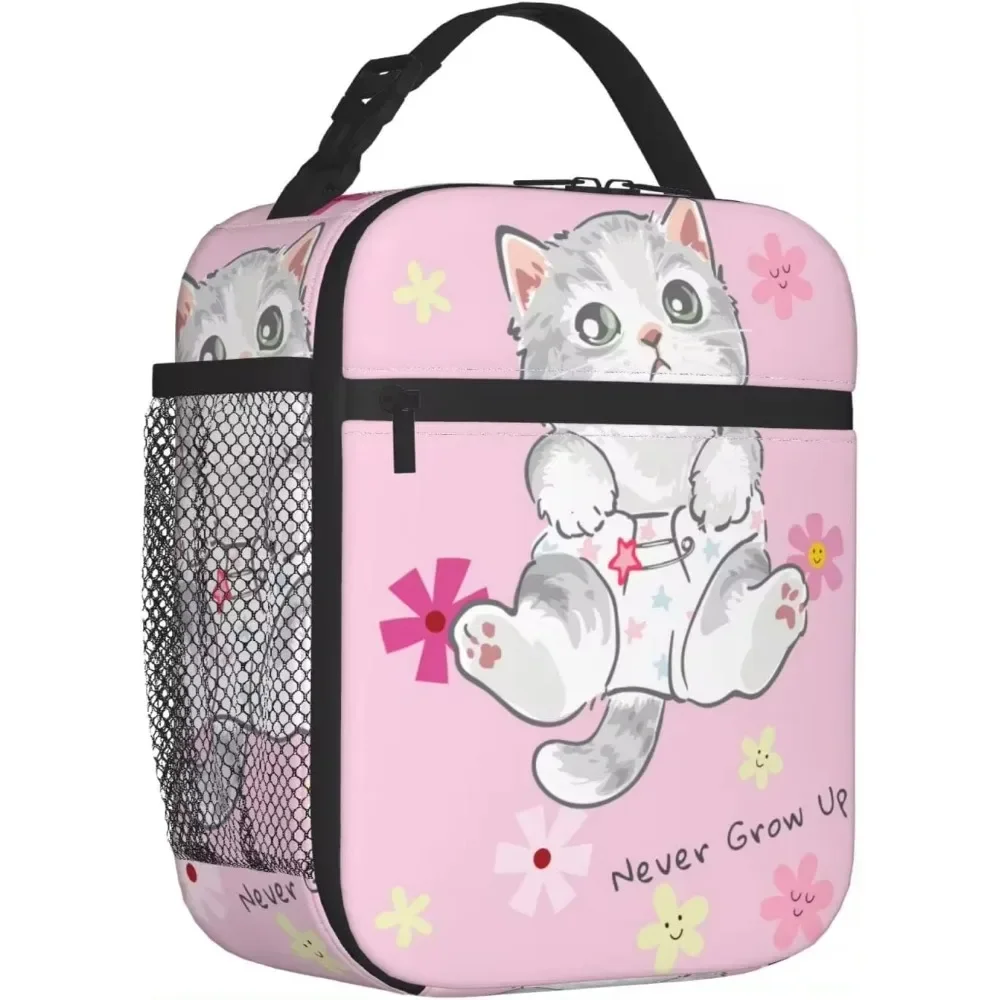

Cute Cat Pink Lunch Bag Reusable Double Leakproof Insulated Lunch Box Cooler Thermal Tote Bag for Work Picnic Travel Camping