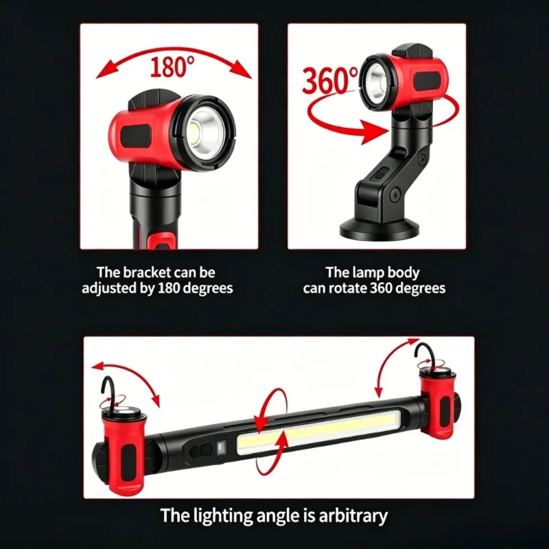 COB Magnetic Work Light Rechargeable Clip Inspection Lamp with Hooks & Rotating Magnetic Base For Outdoor Car Repair Emergency view 4