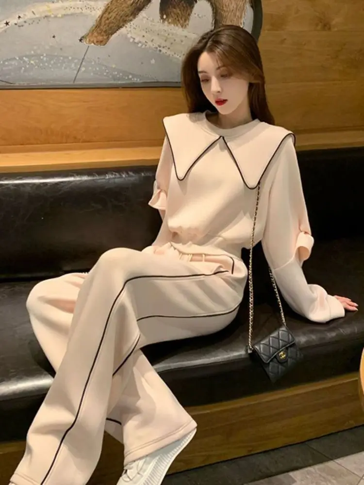 

Korean Style Casual Striped Two-Piece Set Women Laple Collar Pullover+High Waist Lace Up Wide Leg Pants Fashion Set