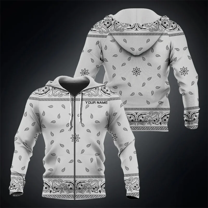 Paisley 3D Impresso Hoodie Casual, Bandana Gráficos De Tecido, Patchwork Zipper Pullovers, Nome Personalizado, Tendência Da Moda, Streetwear