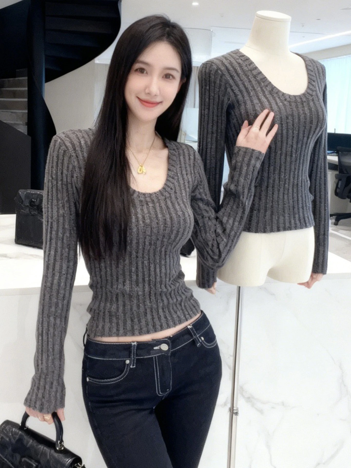 

Сексуальный вязаный свитер с U-образным вырезом и длинными рукавами, облегающий, женский, осенне-зимний, модный, дышащий, теплый топ Ciwalk