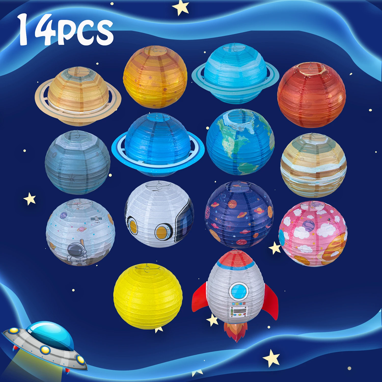 Cartoon Outer Space Party Paper Lantern Hanging Solar System Planet Lantern Galaxy Party Lampion Kids Birthday Decoration