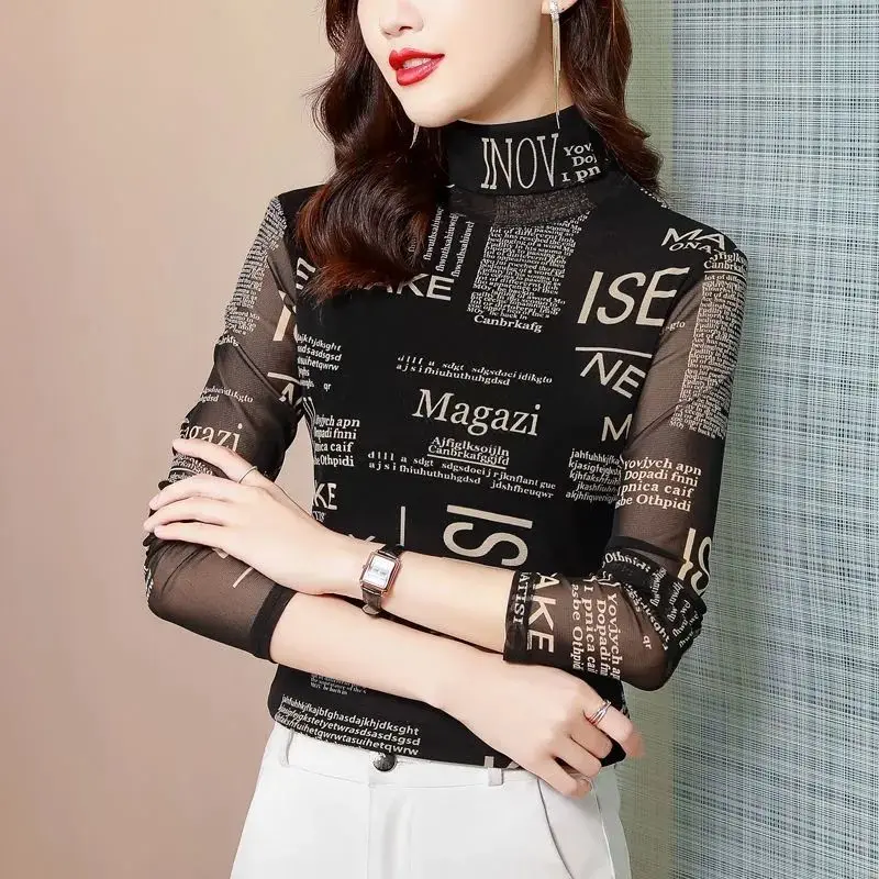 Office Lady Letter Printing Long Sleeve Women\'s Clothing Pullover Half High Collar Plant&Flowers T-shirt Spring Autumn Tops