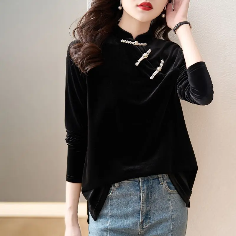 Long Sve Velvet Irt Stand Collar Improved Top Korean Version Spring Autumn Seasonal Blouse TT614