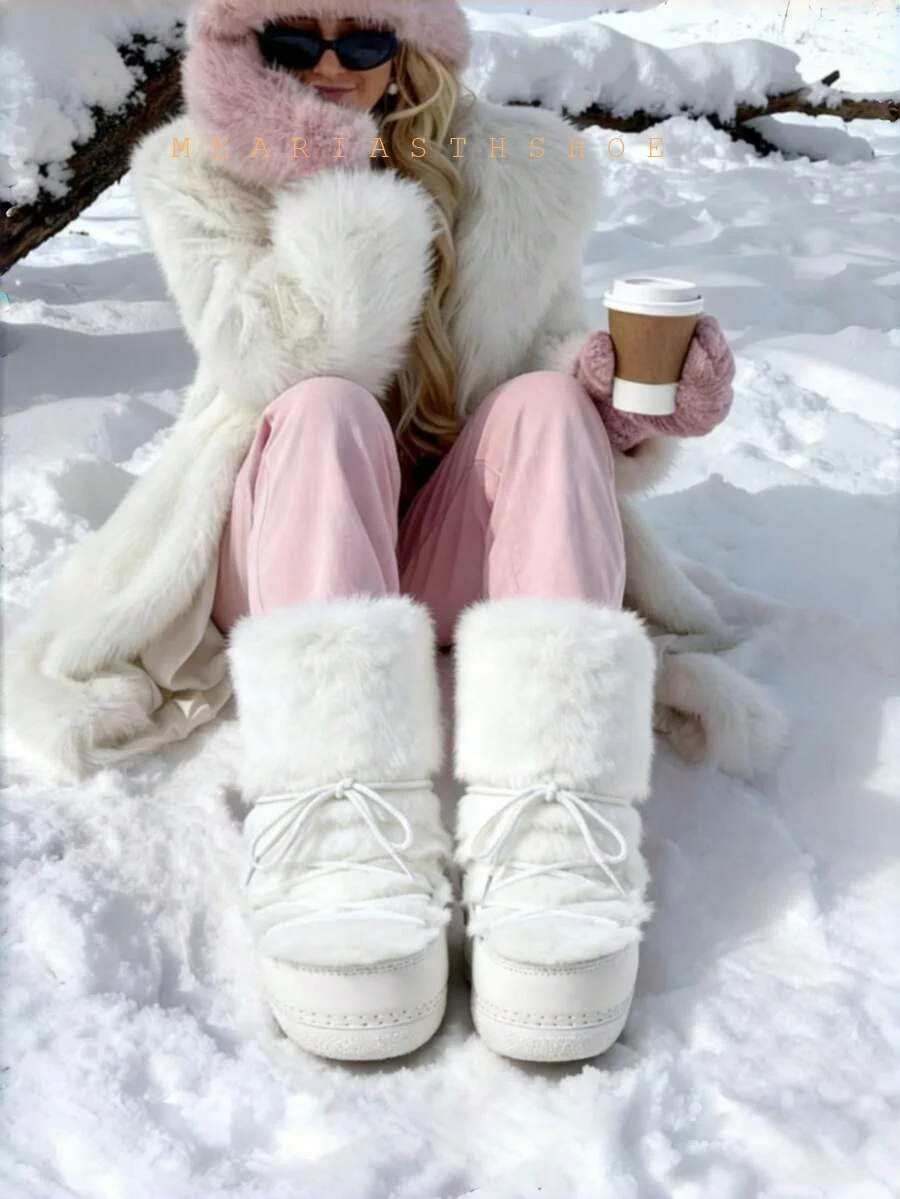 white Winter Snow Boots Fur Boots Women Fluffy Fuzzy rabbit hair Fur Boots Middle Calf Platform White Furry Boots size 35-40 view 5