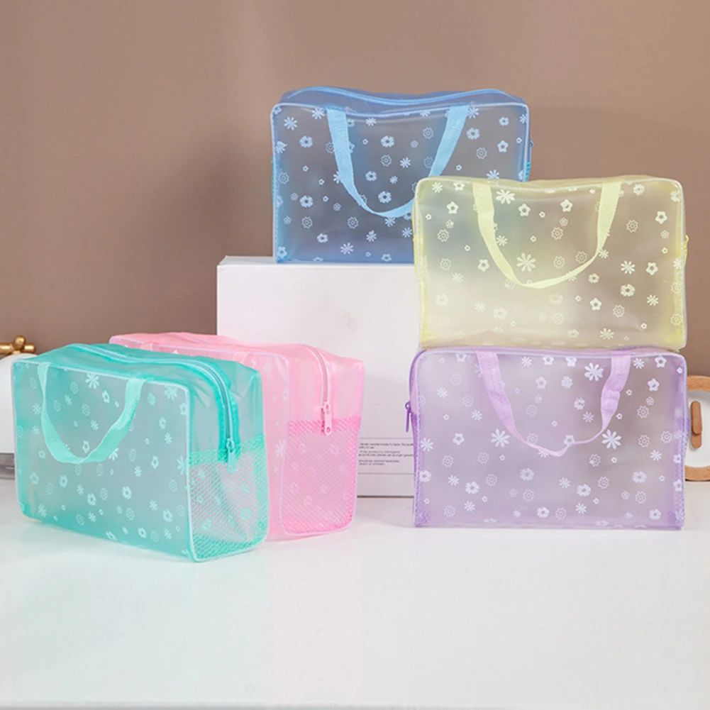 กระเป๋าชายหาด tas kosmetik กันน้ำพีวีซีลายดอกไม้สำหรับของเล่นสำหรับเดินทางที่เก็บของแบบพกพาตาข่ายสุ่มสีคุณภาพสูง