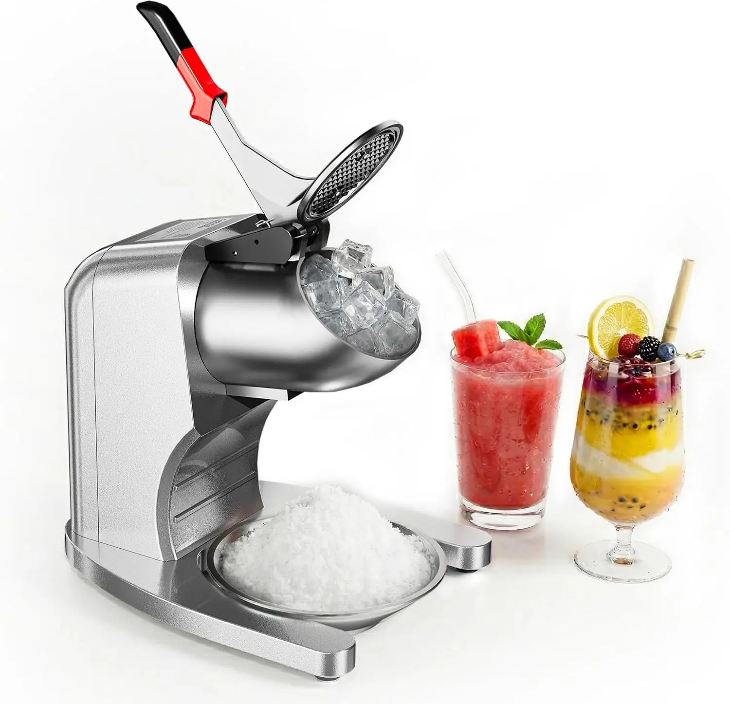 Electric Shaved Ice & Snow Cone Machine, Commercial Ice Crusher, 250 LBS/H, 350W Motor, 2000 RPM, 4 Stainless Steel Blades, 750 LBS/H, 8.98 Gal Hopper, Safety Switch, for Home & Restaurants