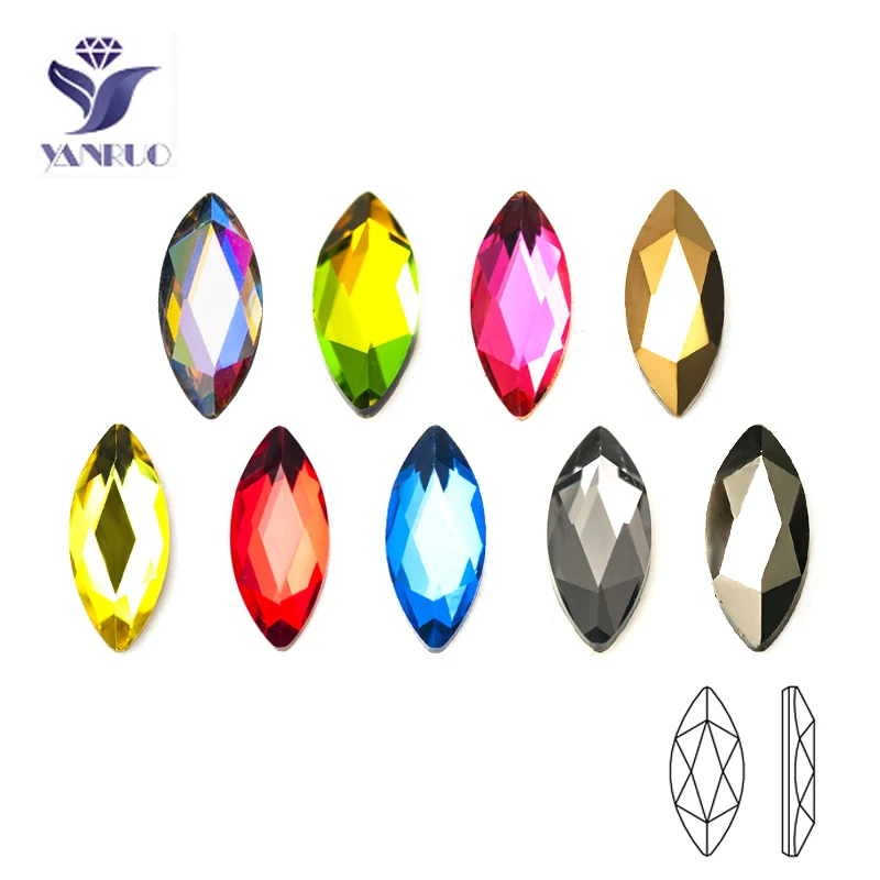 YanRuo 20pcs 3.5*8mm Nail Art Marquise Multicolor Crystal Glass Diamond Jewelry Flat Bottom DIY Accessories Nail Art Decorations