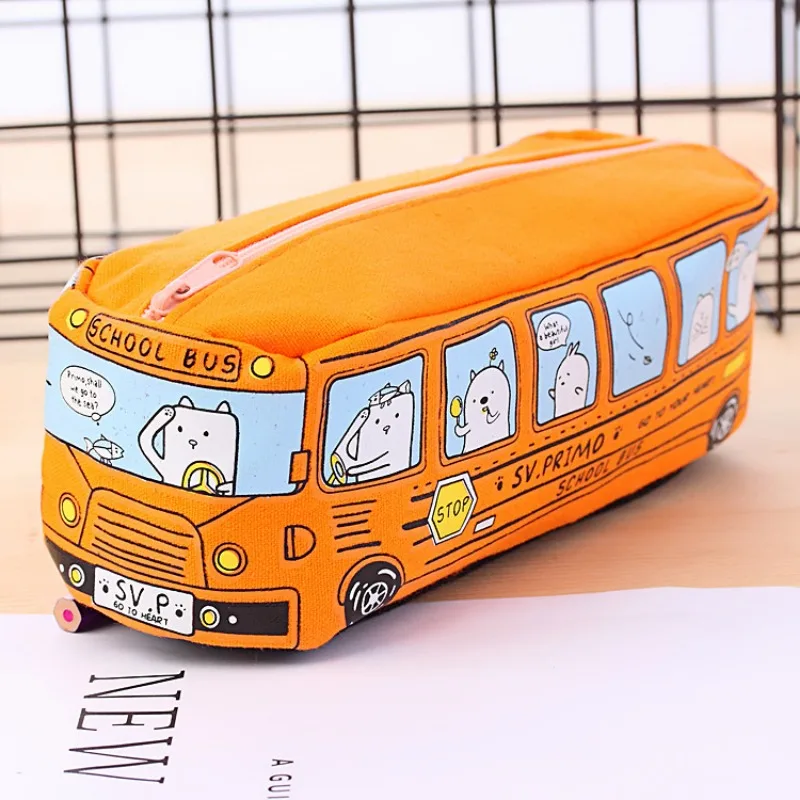 Cartoon Bus Pencil Bag Canvas Large Capacity Car Zipper Pen Pencilcase For Student Stationery School Supplies Kids Gifts