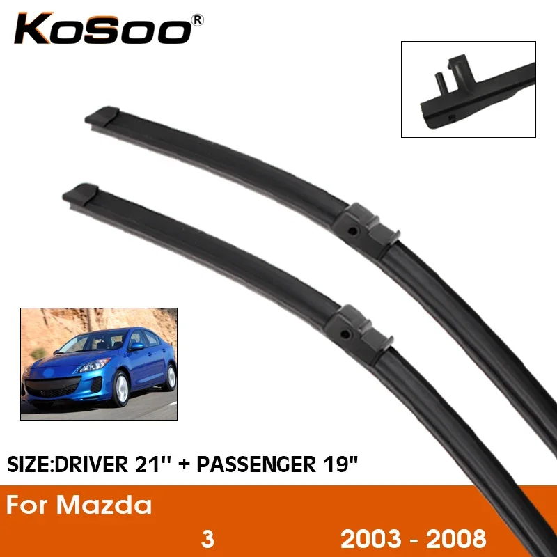 KOSOO For Mazda 3 Europe Model/Axela, Fit J Hook Arm/Side Pin Arm Model Year From 2003 To 2017 Auto Natural Rubber Wiper Blades