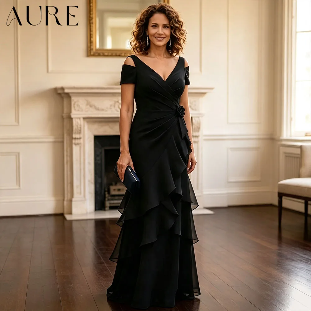 Aure Customized Chiffon Mother Of The Bride Dress Off Shoulder V‑Neck 3D Flower Multi‑Layer Ruffle Evening Gown Wedding Guest