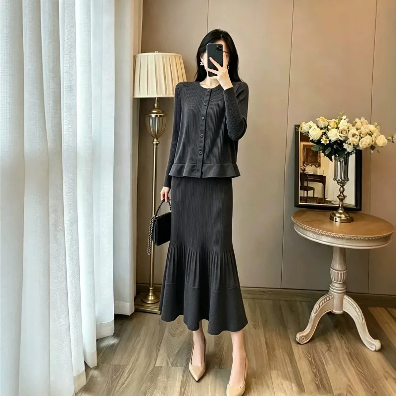 Miyake Pleated 2026 New Spring and Autumn High-End Solid Color Ruffled Cardigan Top and Fishtail Skirt Pleated Two-Piece Set