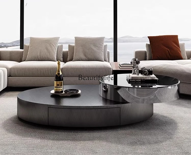 

Italian light luxury modern creative design rotatable stainless steel oval glass round coffee table