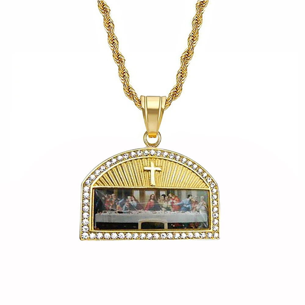 Das letzte Abendmahl Anhänger männlich Gold Farbe Edelstahl Christian Jesus Kreuz Halskette für Männer religiösen Schmuck Geschenk