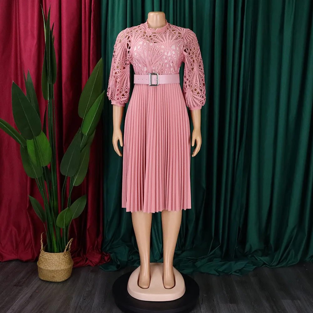 

ATR-D254#Summer Plus Lace Hook Flower Sexy Hollow Out Pleated European and American Evening Dress Cheap Wholesale Retail Pink