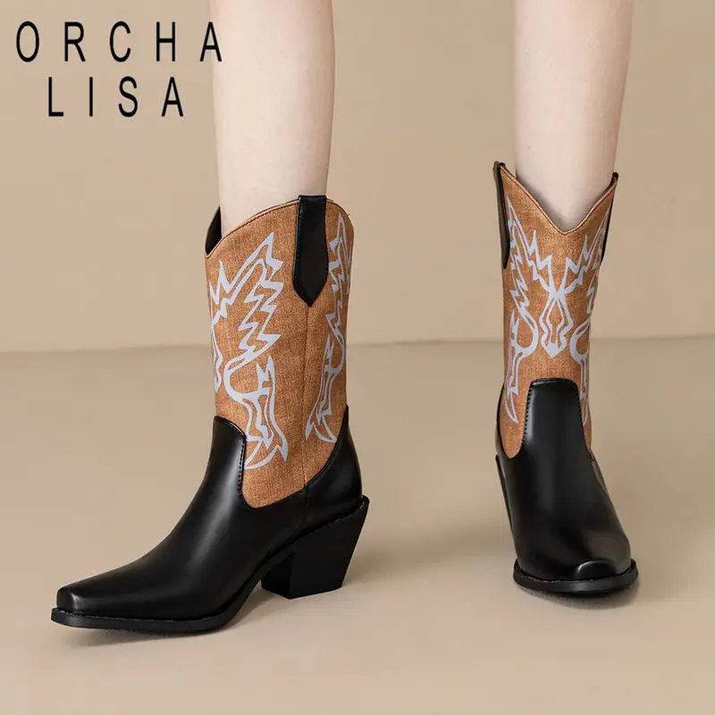 

ORCHA LISAFashion Cowgirl Western Boots Square Toe 6.5cm Block Heels Slip On Mixed Color Large Size 43 44 45 46 Black