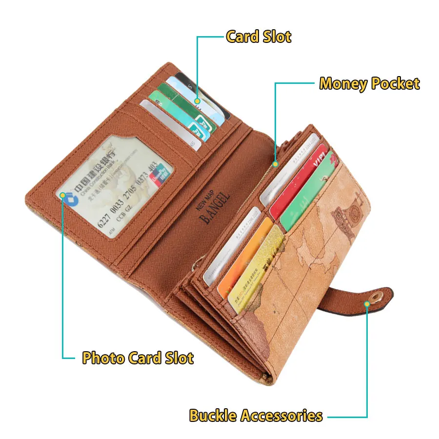 Carteira de couro mapa do mundo vintage para mulheres, zíper longo, porta-moedas feminina, titular do cartão de crédito, carteiras femininas, homens