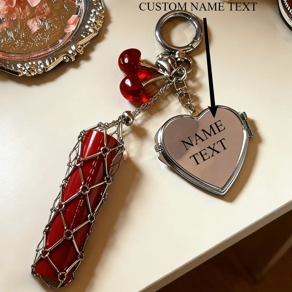 

Free Customization Silver Cherry Lipstick Mesh Keychain Key Ring Bag Pendant Stainless Key Chain Mirror Keyring Fashionable Gift