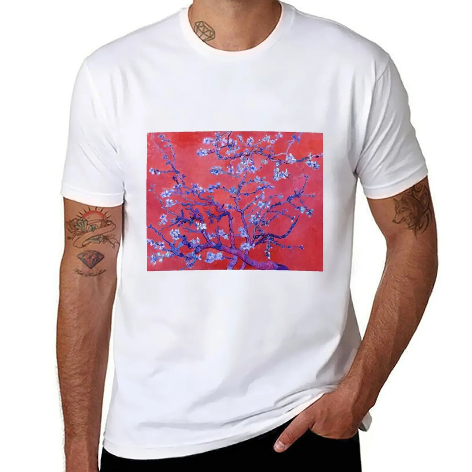 Van Gogh's Almond blossoms with red background T-Shirt Short sleeve tee tees plain t shirts men